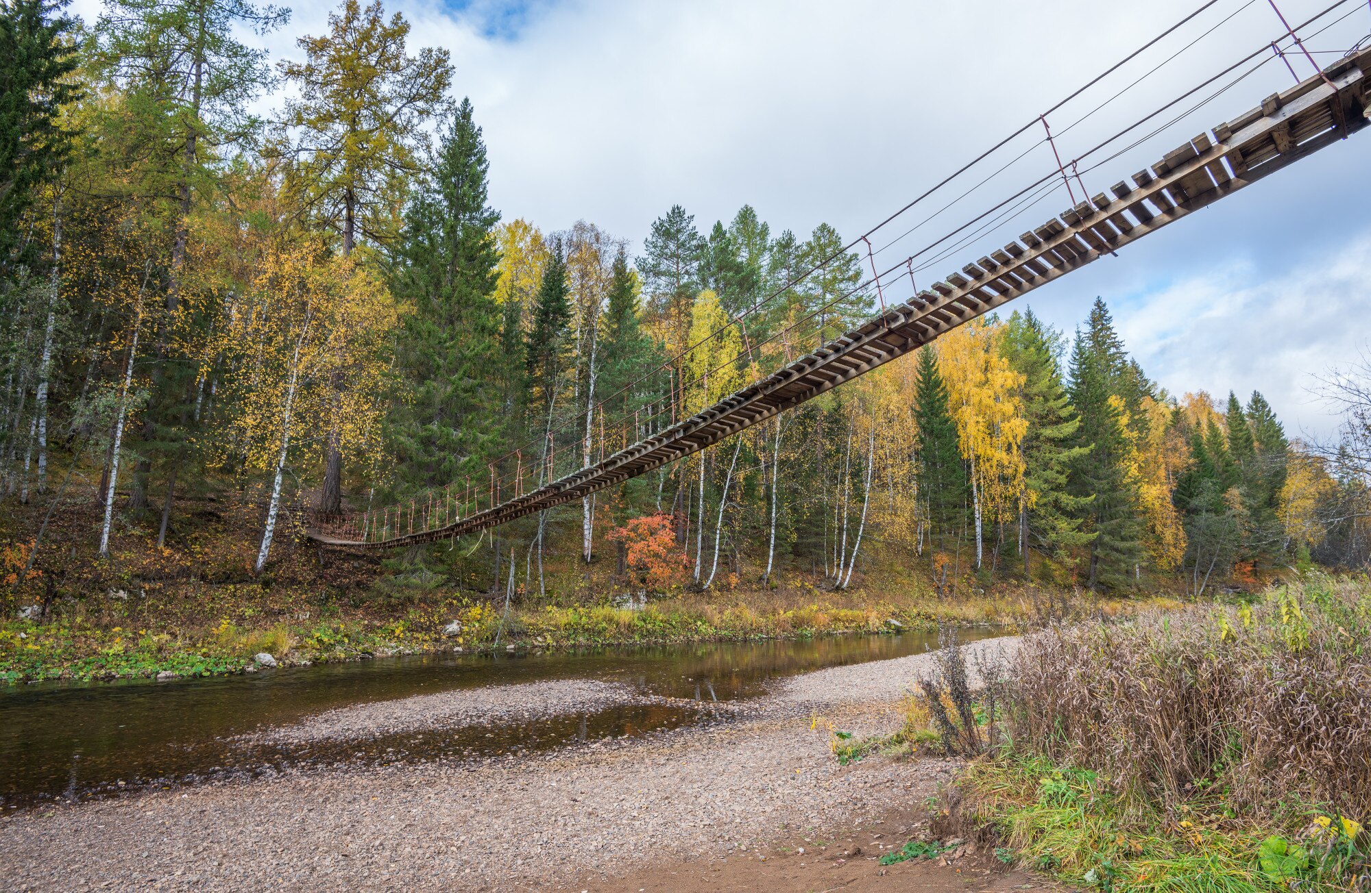 Syksyinen maisema Repoveden kansallispuistossa, Lapinsalmen riippusilta ja ruskan värittämät metsät.